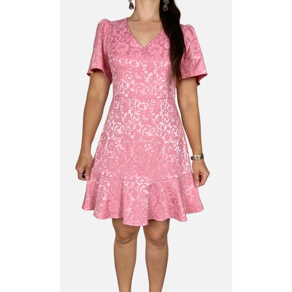 FOREVER NEW Pink Floral Jacquard Flutter Sleeve Frill Hem A-line Dress Size 12 - Picture 2 of 11